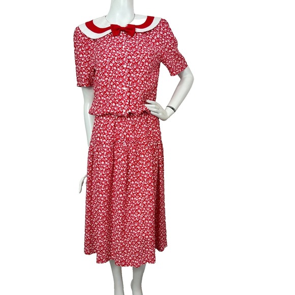 Patty O'Neil Dresses & Skirts - Vintage Patty ONeil Cottagecore Midi Dress M Red Floral Bow Peter Pan Collar EUC